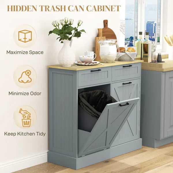 HOMCOM 10 Gallon Farmhouse Kitchen Cabinet with Hidden Trash Can and 2 Drawers, Tilt Out Trash Can Cabinet for Kitchen, Gray - product image 4