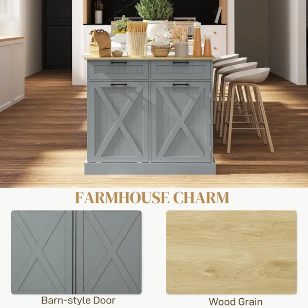 HOMCOM 10 Gallon Farmhouse Kitchen Cabinet with Hidden Trash Can and 2 Drawers, Tilt Out Trash Can Cabinet for Kitchen, Gray - product image 7