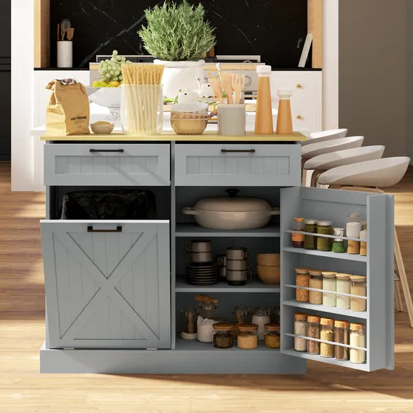 HOMCOM 10 Gallon Farmhouse Kitchen Cabinet with Hidden Trash Can and 2 Drawers, Tilt Out Trash Can Cabinet for Kitchen, Gray - product image 10