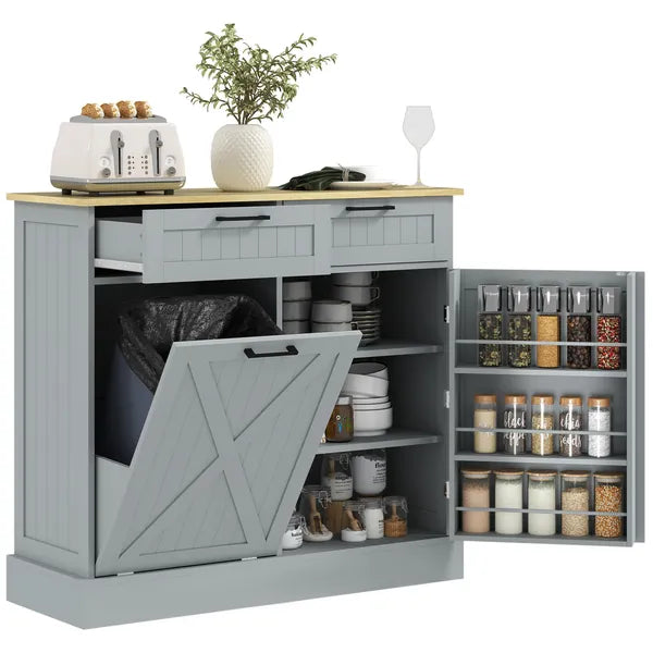 HOMCOM 10 Gallon Farmhouse Kitchen Cabinet with Hidden Trash Can and 2 Drawers, Tilt Out Trash Can Cabinet for Kitchen, Gray - product image 1