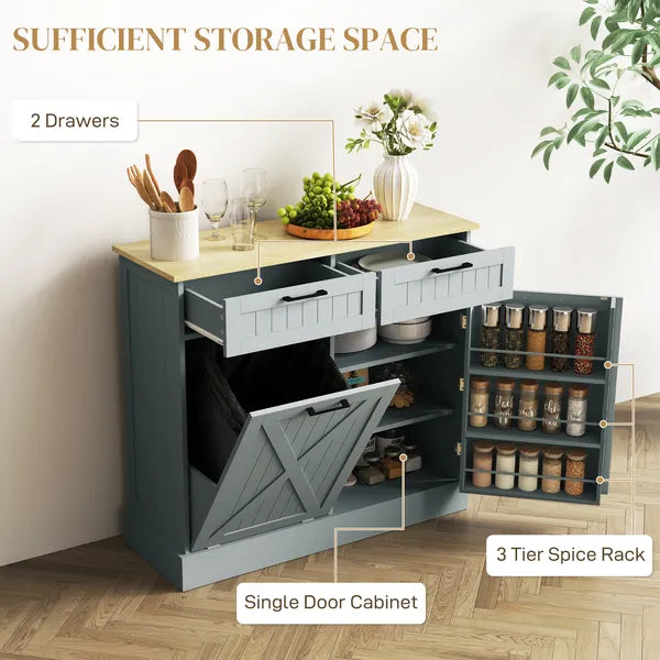 HOMCOM 10 Gallon Farmhouse Kitchen Cabinet with Hidden Trash Can and 2 Drawers, Tilt Out Trash Can Cabinet for Kitchen, Gray - product image 6
