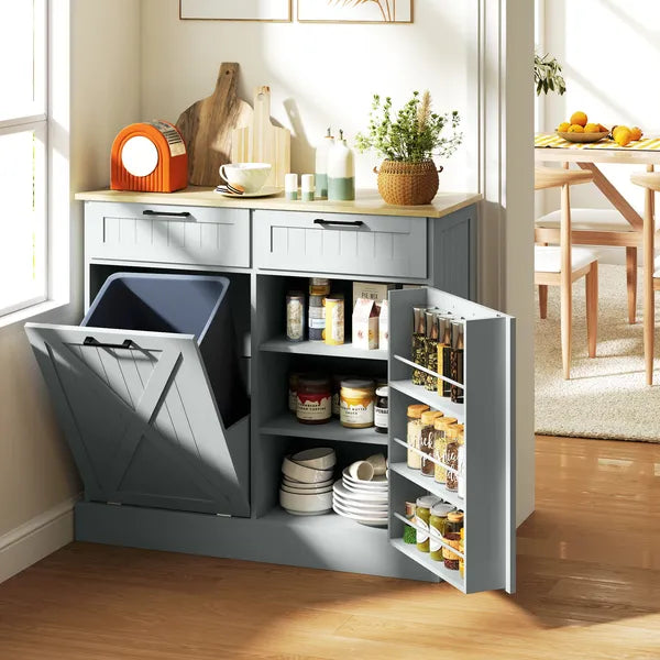 HOMCOM 10 Gallon Farmhouse Kitchen Cabinet with Hidden Trash Can and 2 Drawers, Tilt Out Trash Can Cabinet for Kitchen, Gray - product image 2