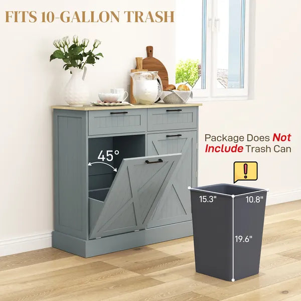 HOMCOM 10 Gallon Farmhouse Kitchen Cabinet with Hidden Trash Can and 2 Drawers, Tilt Out Trash Can Cabinet for Kitchen, Gray - product image 5
