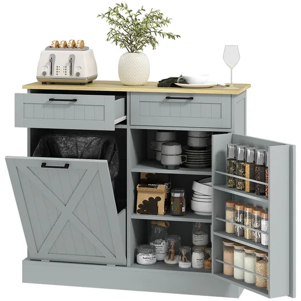 HOMCOM 10 Gallon Farmhouse Kitchen Cabinet with Hidden Trash Can and 2 Drawers, Tilt Out Trash Can Cabinet for Kitchen, Gray - product image 11