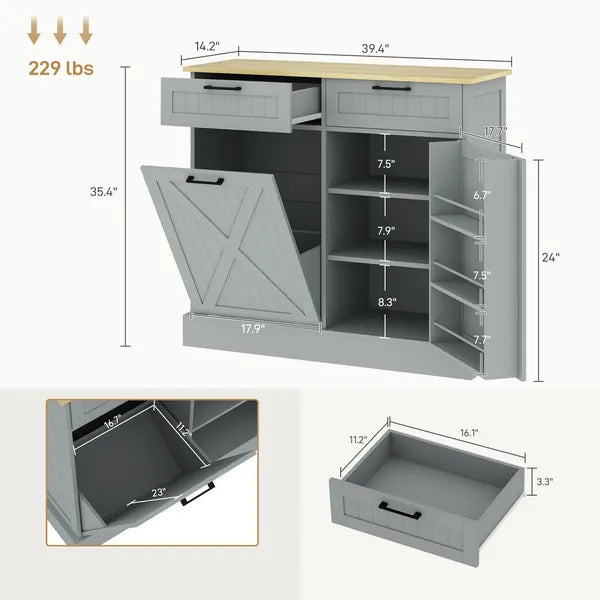 HOMCOM 10 Gallon Farmhouse Kitchen Cabinet with Hidden Trash Can and 2 Drawers, Tilt Out Trash Can Cabinet for Kitchen, Gray - product image 3
