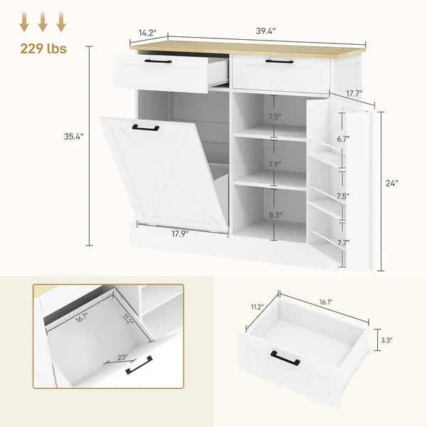 HOMCOM 10 Gallon Farmhouse Kitchen Cabinet with Hidden Trash Can and 2 Drawers, Tilt Out Trash Can Cabinet for Kitchen, White - product image 3