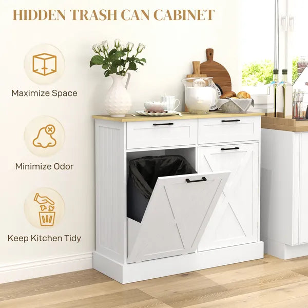 HOMCOM 10 Gallon Farmhouse Kitchen Cabinet with Hidden Trash Can and 2 Drawers, Tilt Out Trash Can Cabinet for Kitchen, White - product image 4