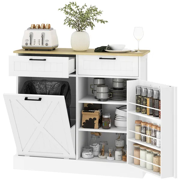 HOMCOM 10 Gallon Farmhouse Kitchen Cabinet with Hidden Trash Can and 2 Drawers, Tilt Out Trash Can Cabinet for Kitchen, White - product image 11