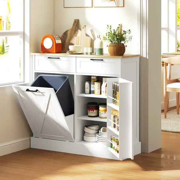 HOMCOM 10 Gallon Farmhouse Kitchen Cabinet with Hidden Trash Can and 2 Drawers, Tilt Out Trash Can Cabinet for Kitchen, White - product image 2