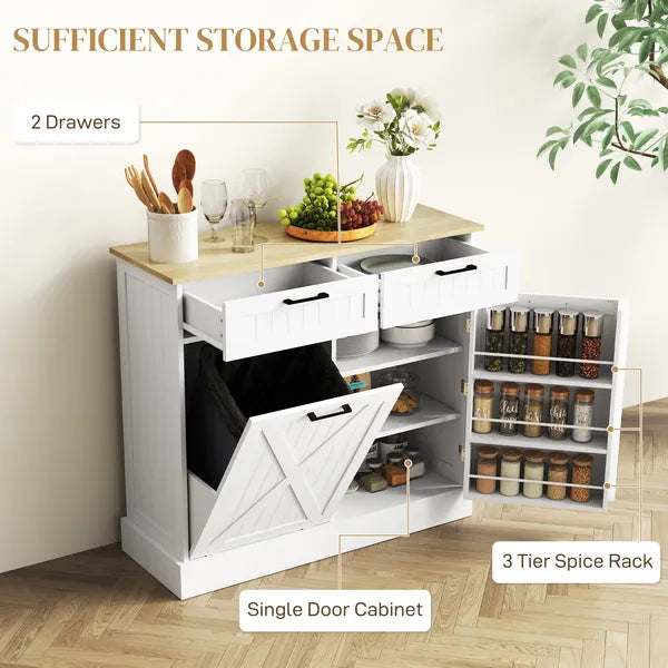 HOMCOM 10 Gallon Farmhouse Kitchen Cabinet with Hidden Trash Can and 2 Drawers, Tilt Out Trash Can Cabinet for Kitchen, White - product image 6