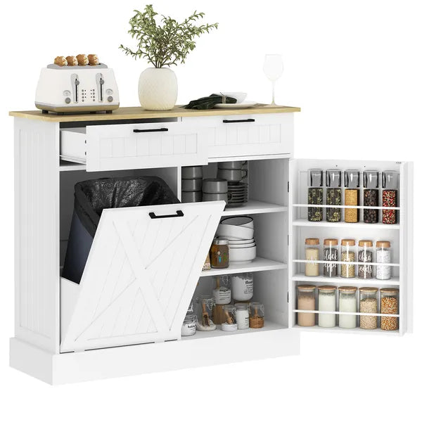 HOMCOM 10 Gallon Farmhouse Kitchen Cabinet with Hidden Trash Can and 2 Drawers, Tilt Out Trash Can Cabinet for Kitchen, White - product image 1