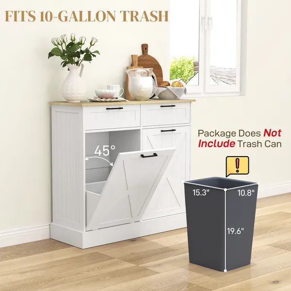 HOMCOM 10 Gallon Farmhouse Kitchen Cabinet with Hidden Trash Can and 2 Drawers, Tilt Out Trash Can Cabinet for Kitchen, White - product image 5