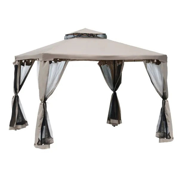 Outsunny 10' x 10' Gazebo Tent, Canopy with Mosquito Netting SideWalls, 2-Tier Vented Roof, Fabric for Garden, Lawn, Backyard, Taupe - product image 1