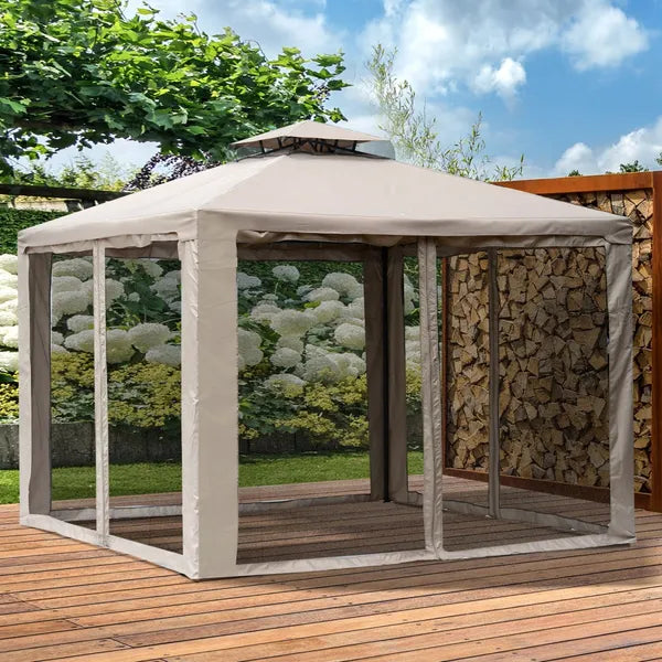 Outsunny 10' x 10' Gazebo Tent, Canopy with Mosquito Netting SideWalls, 2-Tier Vented Roof, Fabric for Garden, Lawn, Backyard, Taupe - product image 12