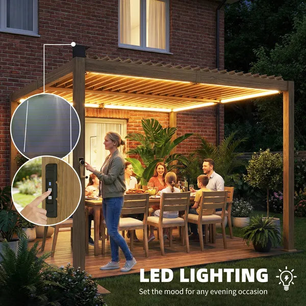Outsunny 10 ft x 10 ft Louvered Pergola with Solar LED lights, Metal Roof, Outdoor Pergola Patio Gazebo with Drainage Gutters, Brown - product image 4