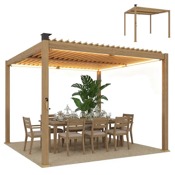 Outsunny 10 ft x 10 ft Louvered Pergola with Solar LED lights, Metal Roof, Outdoor Pergola Patio Gazebo with Drainage Gutters, Brown - product image 1