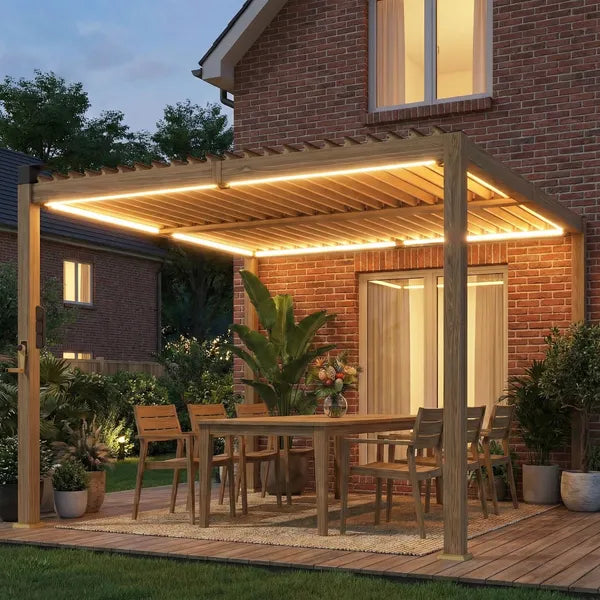 Outsunny 10 ft x 10 ft Louvered Pergola with Solar LED lights, Metal Roof, Outdoor Pergola Patio Gazebo with Drainage Gutters, Brown - product image 2