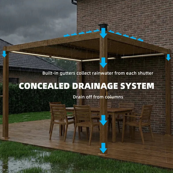 Outsunny 10 ft x 10 ft Louvered Pergola with Solar LED lights, Metal Roof, Outdoor Pergola Patio Gazebo with Drainage Gutters, Brown - product image 7