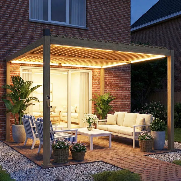 Outsunny 10 ft x 10 ft Louvered Pergola with Solar LED lights, Metal Roof, Outdoor Pergola Patio Gazebo with Drainage Gutters, Brown - product image 10