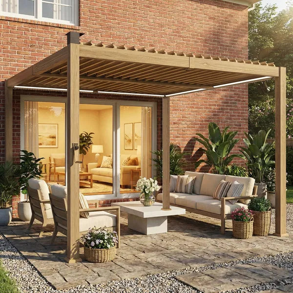 Outsunny 10 ft x 10 ft Louvered Pergola with Solar LED lights, Metal Roof, Outdoor Pergola Patio Gazebo with Drainage Gutters, Brown - product image 9