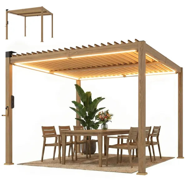 Outsunny 10 ft x 10 ft Louvered Pergola with Solar LED lights, Metal Roof, Outdoor Pergola Patio Gazebo with Drainage Gutters, Brown - product image 11