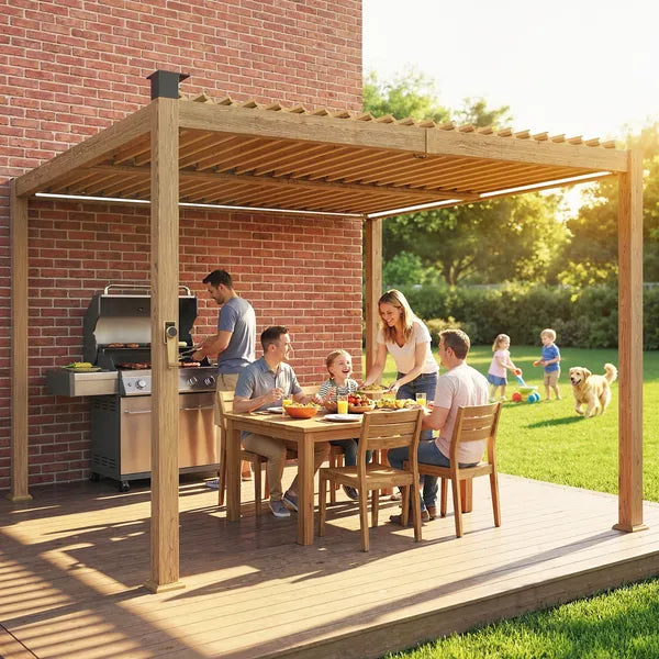 Outsunny 10 ft x 10 ft Louvered Pergola with Solar LED lights, Metal Roof, Outdoor Pergola Patio Gazebo with Drainage Gutters, Brown - product image 8