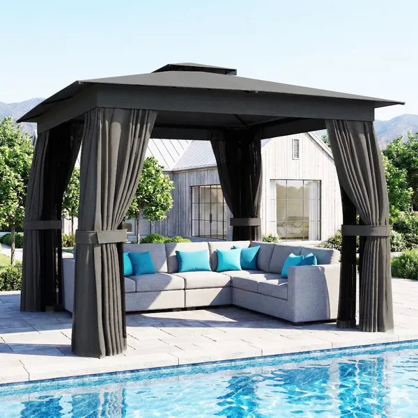10' x 10' Outdoor Patio Gazebo, Soft Top Gazebo Canopy Shelter with Curtains, Netting, Steel Frame, Hook, Dark Gray - product image 11