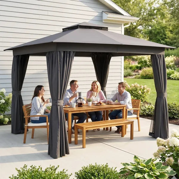 10' x 10' Outdoor Patio Gazebo, Soft Top Gazebo Canopy Shelter with Curtains, Netting, Steel Frame, Hook, Dark Gray - product image 10