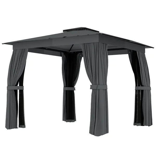 10' x 10' Outdoor Patio Gazebo, Soft Top Gazebo Canopy Shelter with Curtains, Netting, Steel Frame, Hook, Dark Gray - product image 1