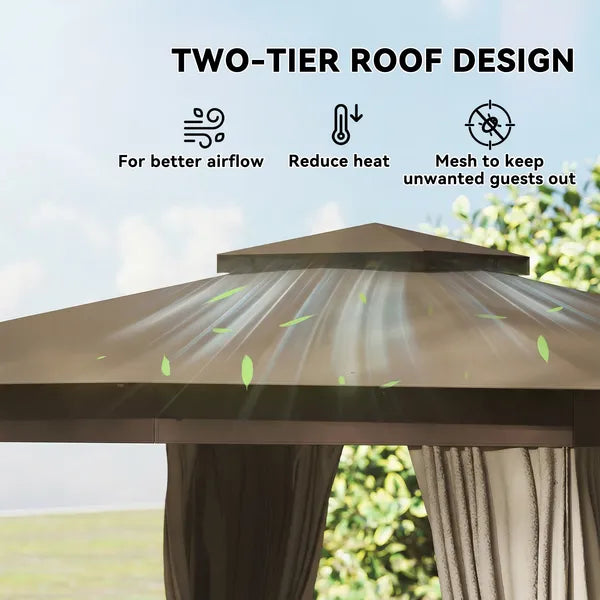 10' x 10' Outdoor Patio Gazebo, Soft Top Gazebo Canopy Shelter with Curtains, Netting, Steel Frame, Hook, Khaki - product image 4