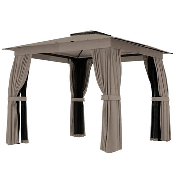 10' x 10' Outdoor Patio Gazebo, Soft Top Gazebo Canopy Shelter with Curtains, Netting, Steel Frame, Hook, Khaki - product image 1
