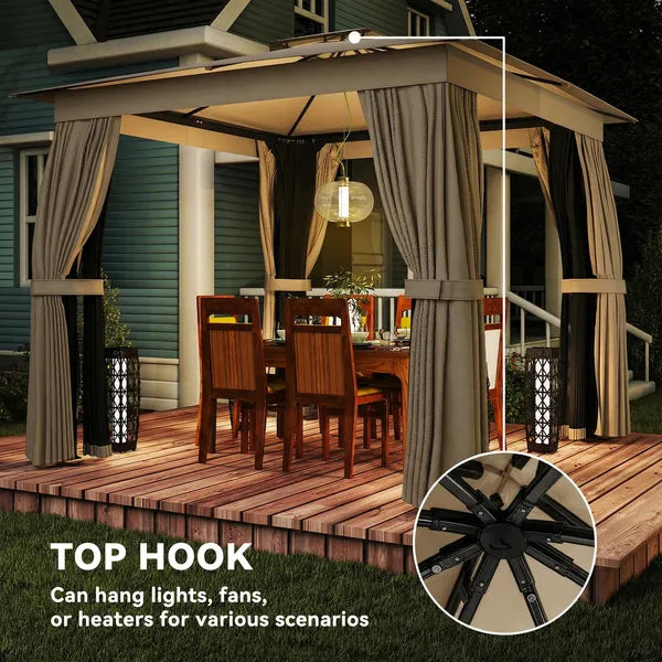 10' x 10' Outdoor Patio Gazebo, Soft Top Gazebo Canopy Shelter with Curtains, Netting, Steel Frame, Hook, Khaki - product image 8