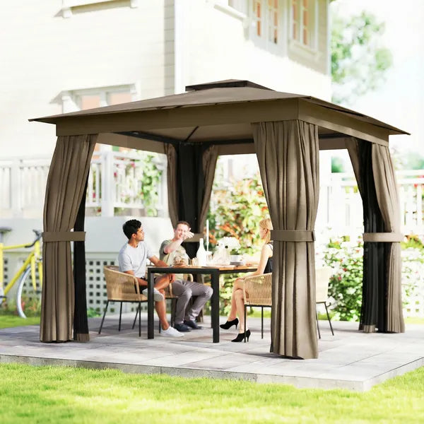10' x 10' Outdoor Patio Gazebo, Soft Top Gazebo Canopy Shelter with Curtains, Netting, Steel Frame, Hook, Khaki - product image 2