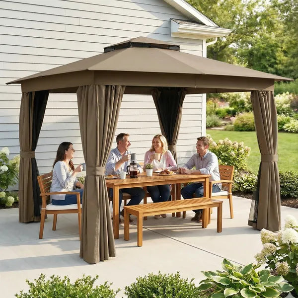 10' x 10' Outdoor Patio Gazebo, Soft Top Gazebo Canopy Shelter with Curtains, Netting, Steel Frame, Hook, Khaki - product image 10