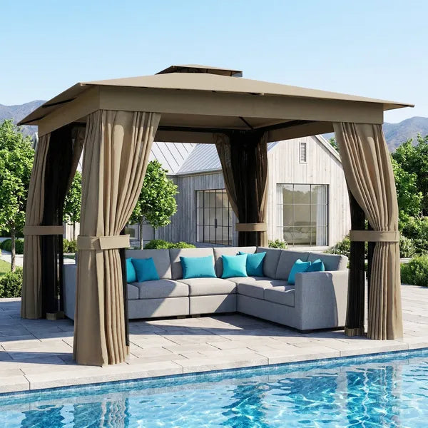 10' x 10' Outdoor Patio Gazebo, Soft Top Gazebo Canopy Shelter with Curtains, Netting, Steel Frame, Hook, Khaki - product image 11
