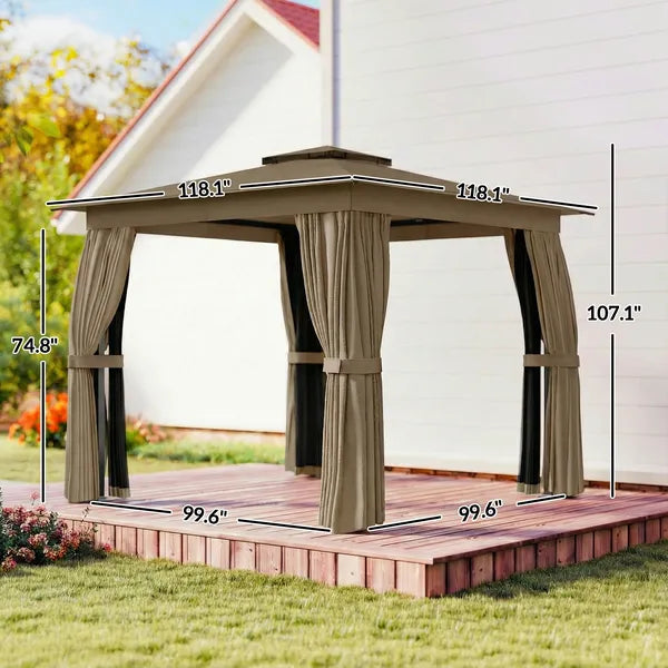 10' x 10' Outdoor Patio Gazebo, Soft Top Gazebo Canopy Shelter with Curtains, Netting, Steel Frame, Hook, Khaki - product image 3