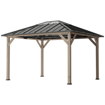 Outsunny 10 ft x 12 ft Hardtop Gazebo with Galvanized Steel Roof, UPF50+ Wood Permanent Pavilion with Clear Roof Top, Light Walnut - product image 1