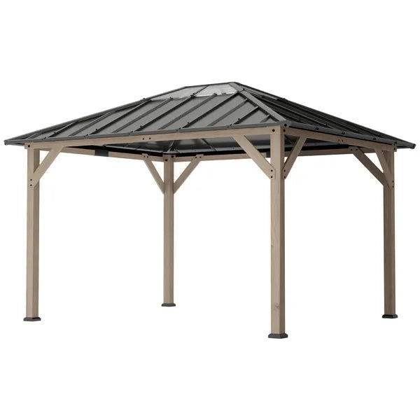 Outsunny 10 ft x 12 ft Hardtop Gazebo with Galvanized Steel Roof, UPF50+ Wood Permanent Pavilion with Clear Roof Top, Light Walnut - product image 1