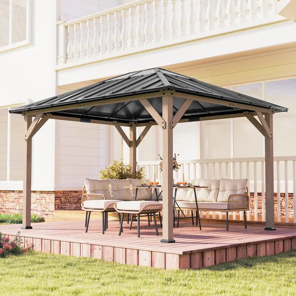 Outsunny 10 ft x 12 ft Hardtop Gazebo with Galvanized Steel Roof, UPF50+ Wood Permanent Pavilion with Clear Roof Top, Light Walnut - product image 9
