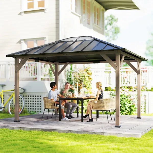 Outsunny 10 ft x 12 ft Hardtop Gazebo with Galvanized Steel Roof, UPF50+ Wood Permanent Pavilion with Clear Roof Top, Light Walnut - product image 2