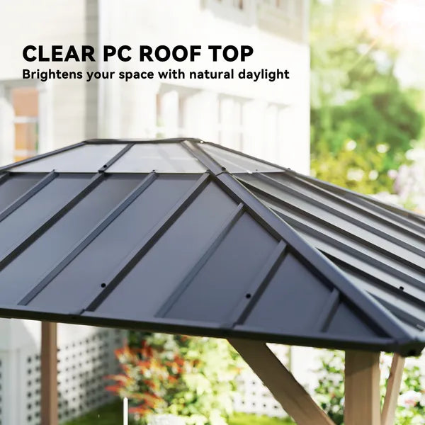 Outsunny 10 ft x 12 ft Hardtop Gazebo with Galvanized Steel Roof, UPF50+ Wood Permanent Pavilion with Clear Roof Top, Light Walnut - product image 5
