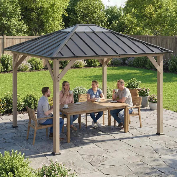 Outsunny 10 ft x 12 ft Hardtop Gazebo with Galvanized Steel Roof, UPF50+ Wood Permanent Pavilion with Clear Roof Top, Light Walnut - product image 8