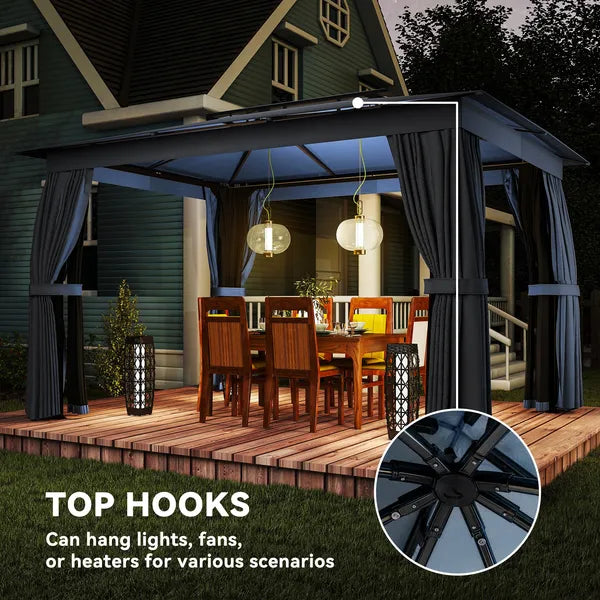 10' x 12' Outdoor Patio Gazebo, Soft Top Gazebo Canopy Shelter with Curtains, Netting, Steel Frame, Hooks, Blue - product image 8