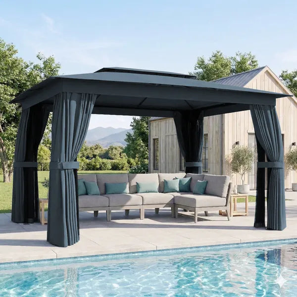 10' x 12' Outdoor Patio Gazebo, Soft Top Gazebo Canopy Shelter with Curtains, Netting, Steel Frame, Hooks, Blue - product image 11