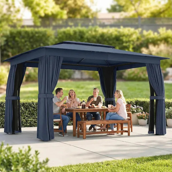 10' x 12' Outdoor Patio Gazebo, Soft Top Gazebo Canopy Shelter with Curtains, Netting, Steel Frame, Hooks, Blue - product image 10