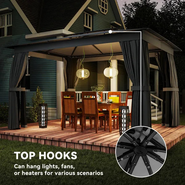 10' x 12' Outdoor Patio Gazebo, Soft Top Gazebo Canopy Shelter with Curtains, Netting, Steel Frame, Hooks, Dark Gray - product image 8