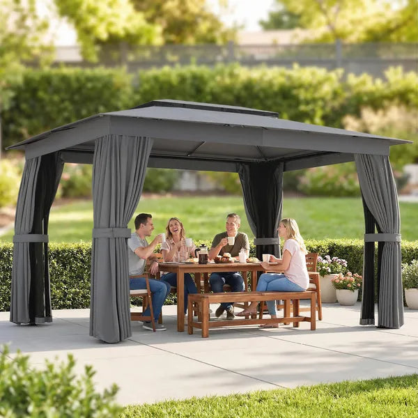 10' x 12' Outdoor Patio Gazebo, Soft Top Gazebo Canopy Shelter with Curtains, Netting, Steel Frame, Hooks, Dark Gray - product image 10