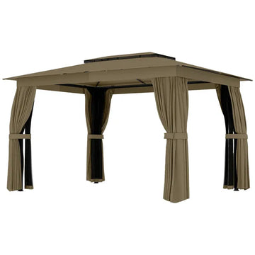 Outsunny 10 ft x 12 ft Outdoor Patio Gazebo, Soft Top Gazebo Canopy Shelter with Curtains, Netting, Steel Frame, Hooks, Khaki - product image 1