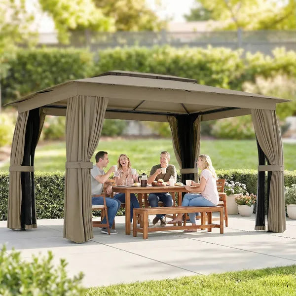 Outsunny 10 ft x 12 ft Outdoor Patio Gazebo, Soft Top Gazebo Canopy Shelter with Curtains, Netting, Steel Frame, Hooks, Khaki - product image 10
