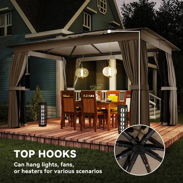 Outsunny 10 ft x 12 ft Outdoor Patio Gazebo, Soft Top Gazebo Canopy Shelter with Curtains, Netting, Steel Frame, Hooks, Khaki - product image 8